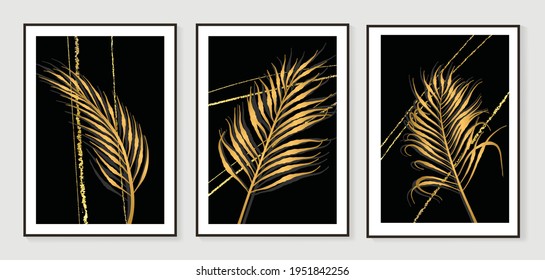 Luxury gold leaves wallpaper. Black and golden background. Wall art design with shiny golden palm leaves. Modern art mural wallpaper. Vector illustration.