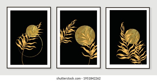 Luxury Gold Leaves Wallpaper. Black And Golden Background. Wall Art Design With Shiny Golden Palm Leaves. Modern Art Mural Wallpaper. Vector Illustration.