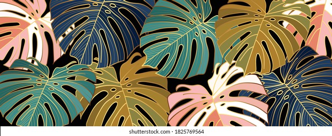 Luxury gold leaves wallpaper vector. Golden split-leaf Philodendron plant with monstera plant line art green emerald, blue  and pink color on dark background. Vector illustration.
