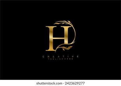 luxury gold letter h logo design with beautiful flower and leaf ornaments. monogram h, logo typography. initials h. typography. for business logos, boutiques, companies, beauty, etc