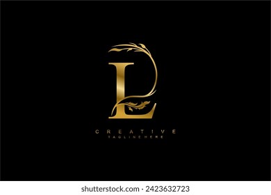 luxury gold letter L logo design with beautiful flower and leaf ornaments. monogram L, logo typography. initials L. typography. for business logos, boutiques, companies, beauty, etc