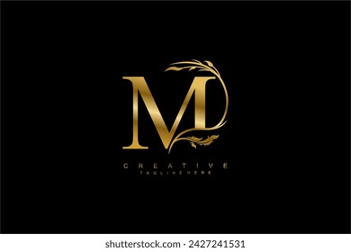 luxury gold letter M logo design with beautiful flower and leaf ornaments. monogram M, logo typography. initials M. typography. for business logos, boutiques, companies, beauty, etc