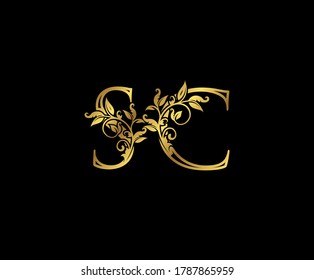 Luxury Gold letter S, C and SC Vintage decorative ornament letter stamp, wedding logo, classy letter logo icon.