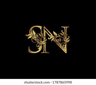 Luxury Gold letter S, N and SN Vintage decorative ornament letter stamp, wedding logo, classy letter logo icon.