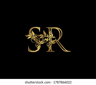 Luxury Gold letter S, R and SR Vintage decorative ornament letter stamp, wedding logo, classy letter logo icon.