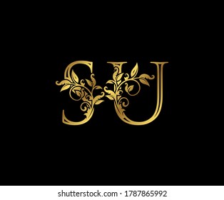 Luxury Gold letter S, U and SU Vintage decorative ornament letter stamp, wedding logo, classy letter logo icon.