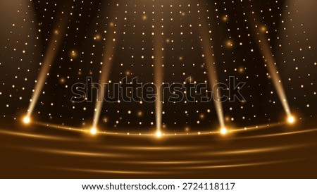 Luxury Gold Light Rays Background with Glowing Particles, Spotlight Beams and Sparkling Bokeh for Award Stage, Celebration, Event and Premium Design