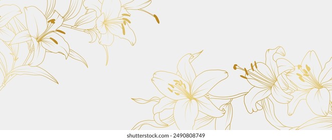 Luxury gold lily flowers background. Floral pattern tropical in line art style for greeting, invitation, wedding card, wall art, wallpaper and print. Vector illustration