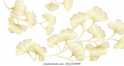 Luxury gold line art autumn leaf background vector. Natural botanical elegant foliage with ginkgo leaves. Design illustration for decoration, wall decor, wallpaper, cover, banner, card.