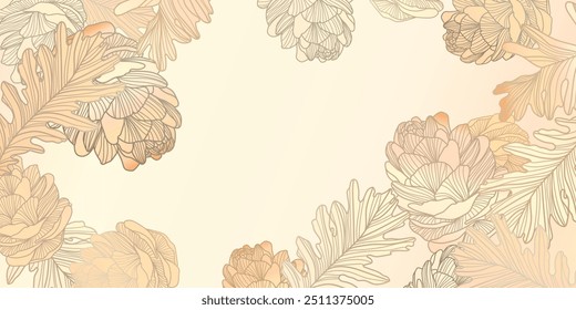 Luxury gold line art autumn leaf background vector. Natural botanical elegant foliage with oak, pine cone. Design illustration for decoration, wall decor, wallpaper, cover, banner, card.