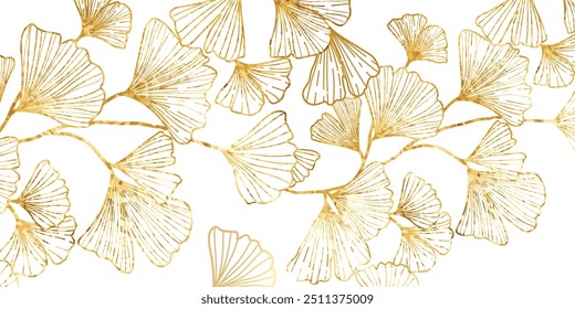 Luxury gold line art autumn leaf background vector. Natural botanical elegant foliage with ginkgo leaves. Design illustration for decoration, wall decor, wallpaper, cover, banner, card.