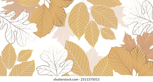 Luxus goldene Linie Kunst Herbst Blatt Hintergrund Vektor. Natürliche botanische elegante Laub mit Ahorn, Eiche, Dschungelblätter. Design-Illustration für Dekoration, Wanddekoration, Tapete, Abdeckung, Banner, Karte.