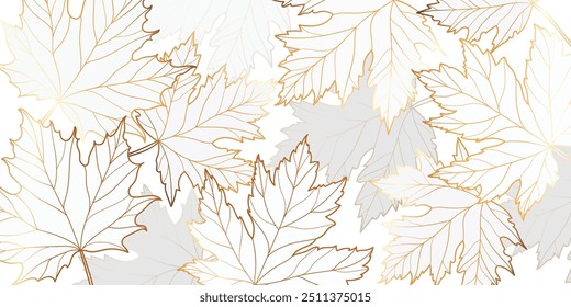 Luxury gold line art autumn leaf background vector. Natural botanical elegant foliage with maple leaf. Design illustration for decoration, wall decor, wallpaper, cover, banner, poster, card.