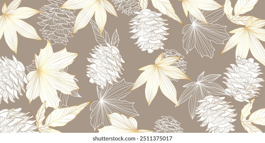 Luxury gold line art autumn leaf background vector. Natural botanical elegant foliage with maple, pine cone. Design illustration for decoration, wall decor, wallpaper, cover, banner, card.