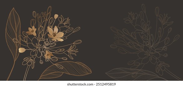 Luxury gold line art autumn leaf background vector. Natural botanical elegant foliage with jungle leaves. Design illustration for decoration, wall decor, wallpaper, cover, banner, poster, card.