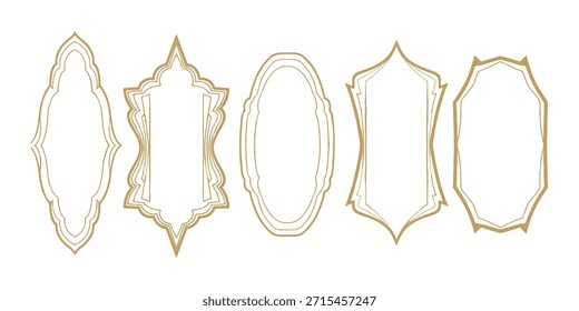 Marcos de arte de lujo de la línea de oro con arcos islámicos tradicionales y Formas de linterna. Perfecto para elegantes saludos de Ramadán, invitaciones de boda y proyectos de marca étnica.