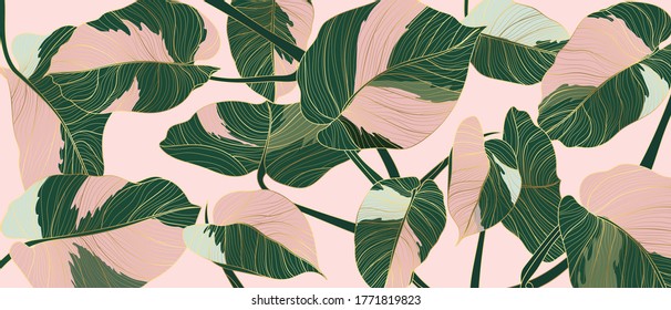 Luxury gold line art and Variegated Plants nature drawing background vector. Leaves and Floral pattern vector illustration.