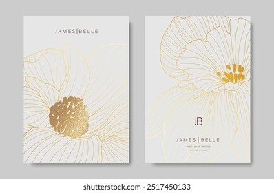 Luxury gold line floral card vector set. Plant hand drawn with copy space for text and peony flower line art on white background. Botanical design suitable for banner, cover, invitation, wedding.