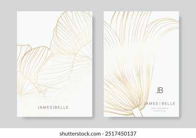 Luxury gold line foliage card vector set. Plant hand drawn with leaves branch line art on white background. Botanical design suitable for banner, cover, invitation, wedding.