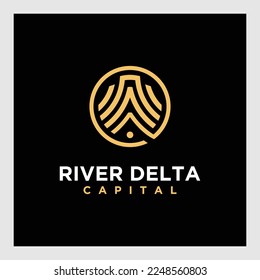 Luxury gold line logo design with simple and modern shape of sea water wave in a circle