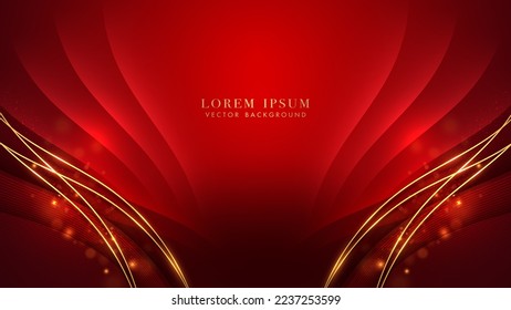 Luxury gold line, red curve, shiny dots effect and bokeh decoration on red background. Elegant style vector design concept