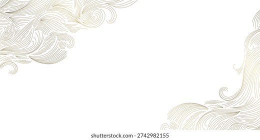 Luxury gold line wave pattern, Japanese ocean motif, flowing silk textures. Elegant vector design, abstract curves, geometric art deco elements, organic shapes, premium packaging, wine label, wedding card