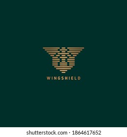 Luxury gold line winged shield logo with green background