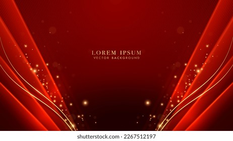 Luxury gold lines curve with red oblique object, shiny dots effect and bokeh decoration on red background. Elegant style vector design