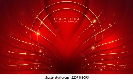 Luxury gold lines and golden ring, red curve, shiny dots effect and bokeh decoration on red background. Elegant style vector design concept