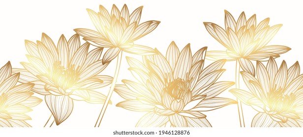 Luxury Gold lotus background vector. Golden Lotus line arts design for wallpaper, wall arts, fabric, prints and background texture, Vector illustration.