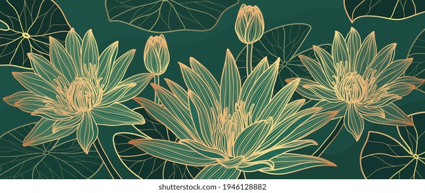 Luxury Gold lotus background vector. Golden Lotus line arts design for wallpaper, wall arts, fabric, prints and background texture, Vector illustration.