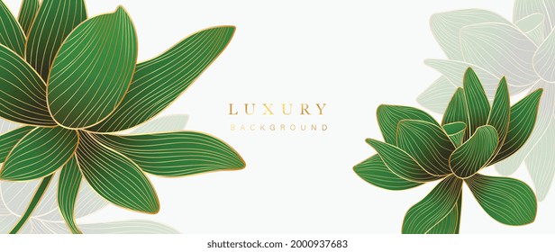 Luxury gold lotus background vector. Zen wallpaper collection with golden lotus line art. Design for yoga banner, Luxury cover design and invitation, invite, banner, Natural product packaging design.