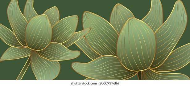 Luxury gold lotus background vector. Zen wallpaper collection with golden lotus line art. Design for yoga banner, Luxury cover design and invitation, invite, banner, Natural product packaging design.