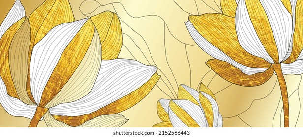 Luxury gold lotus background vector. Line art wallpaper design with golden lotus flowers, leaf, gold lotus petals, foil texture. Elegant blossom design perfect for cover, prints, yoga, banner.