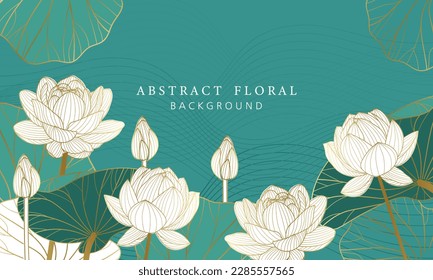 Vector de fondo de loto dorado de lujo. Colección de papel pintado de Zen con arte de línea de loto dorado. Diseño para banner de yoga, diseño e invitación de cubierta de lujo, invitación, banner, Diseño de embalaje de productos naturales.