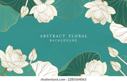 Vector de fondo de loto dorado de lujo. Colección de papel pintado de Zen con arte de línea de loto dorado. Diseño para banner de yoga, diseño e invitación de cubierta de lujo, invitación, banner, Diseño de embalaje de productos naturales.