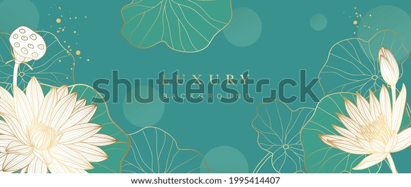 Luxury gold lotus background vector. Zen\
wallpaper collection with golden lotus line art. Design for yoga\
banner, Luxury cover design and invitation, invite, banner, Natural\
product packaging\
design.