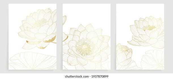 Luxury gold lotus line art background vector. Lotus flower cover,wall art and wallpaper.