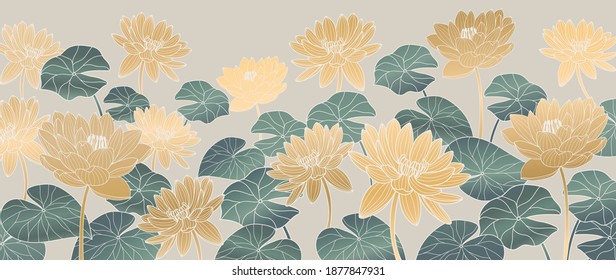 luxury Gold lotus wallpaper design vector, Lotus wall arts, Golden flowers patterns design for packaging background, print, packaging, natural cosmetics, health care, invitation, cards.