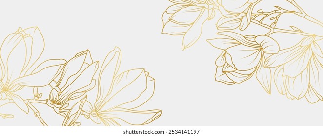 Luxury gold magnolia flowers background. Floral pattern tropical in line art style for greeting, invitation, wedding card, wall art, wallpaper and print. Vector illustration