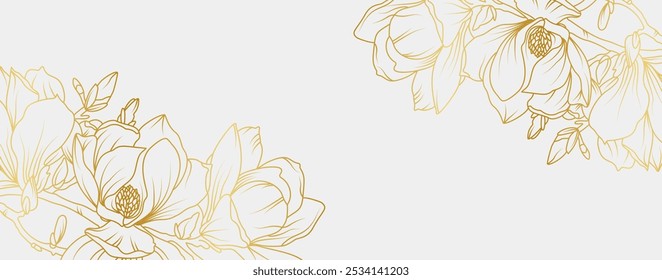 Luxus goldene Magnolie Blumen Hintergrund. Blumenmuster tropisch in Linie Kunststil für Gruß, Einladung, Hochzeitskarte, Wandmalerei, Tapete und Druck. Vektorgrafik