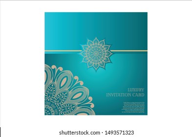 Luxury gold mandala background. golden circle mandala background. luxury wedding invitation card with cyan background. 