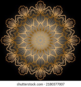 Luxury gold mandala decor on black background. Lace backdrop for design note cover, wedding invitations or card