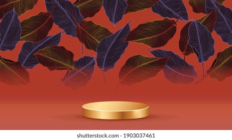 Luxury gold marble art design with 3d cylinder podium background vector. Abstract minimal scene with gold botanical pattern for cosmetic product display, Stage pedestal for online shopping ad.