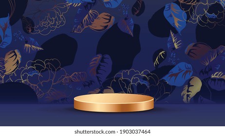 Luxury gold marble art design with 3d cylinder podium background vector. Abstract minimal scene with gold botanical pattern for cosmetic product display, Stage pedestal for online shopping ad.