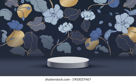 Luxury gold marble art design with 3d cylinder podium background vector. Abstract minimal scene with gold botanical pattern for cosmetic product display, Stage pedestal for online shopping ad.