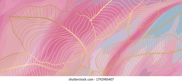 Luxury Gold marble design withe nature line arts pattern background vector.