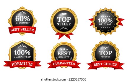 Luxury gold medal, badges and labels premium quality product with red ribbon