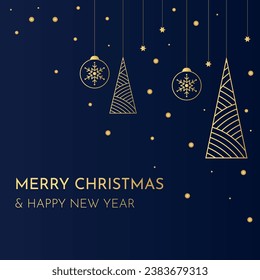 Luxury gold Merry Christmas, New Year greeting card on blue background. Geometric Christmas tree, snowflake, star vector illustrations for background, party invitation, website banner