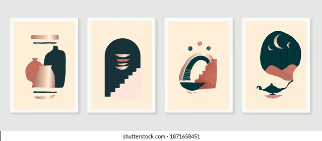 Luxury gold  minimal wall arts design vector.  Collection of mountain and landscape of oasis town desert sand and giant saguaro cactus sunset hand drawn digital arts for print and wallpaper